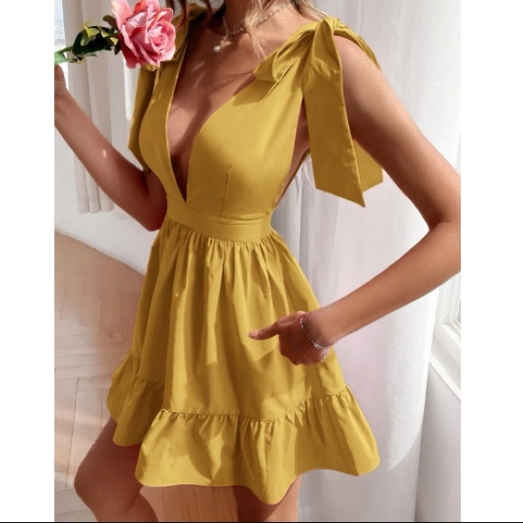 Boho tie shoulder ruffle hem dress yellow mustard - Picture 7 of 10